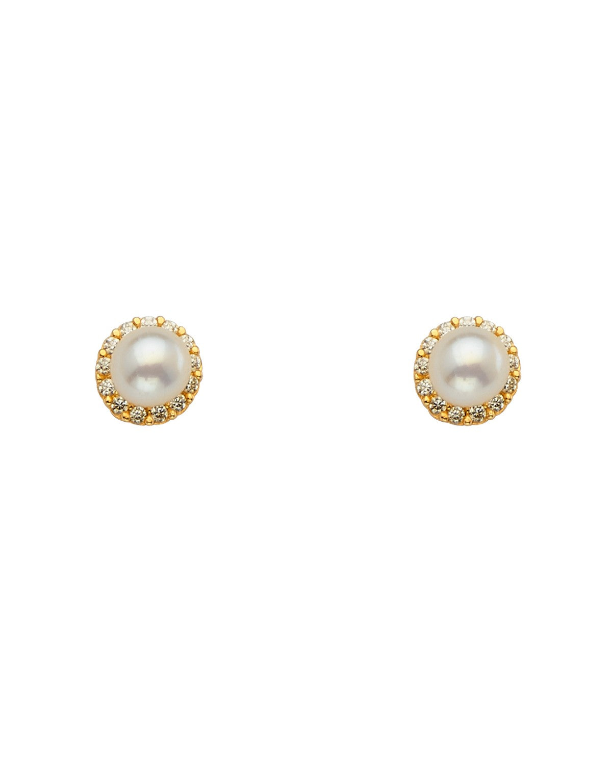 14K Yellow Gold Pearl+CZ Earrings with Screw Back (ST-0793)