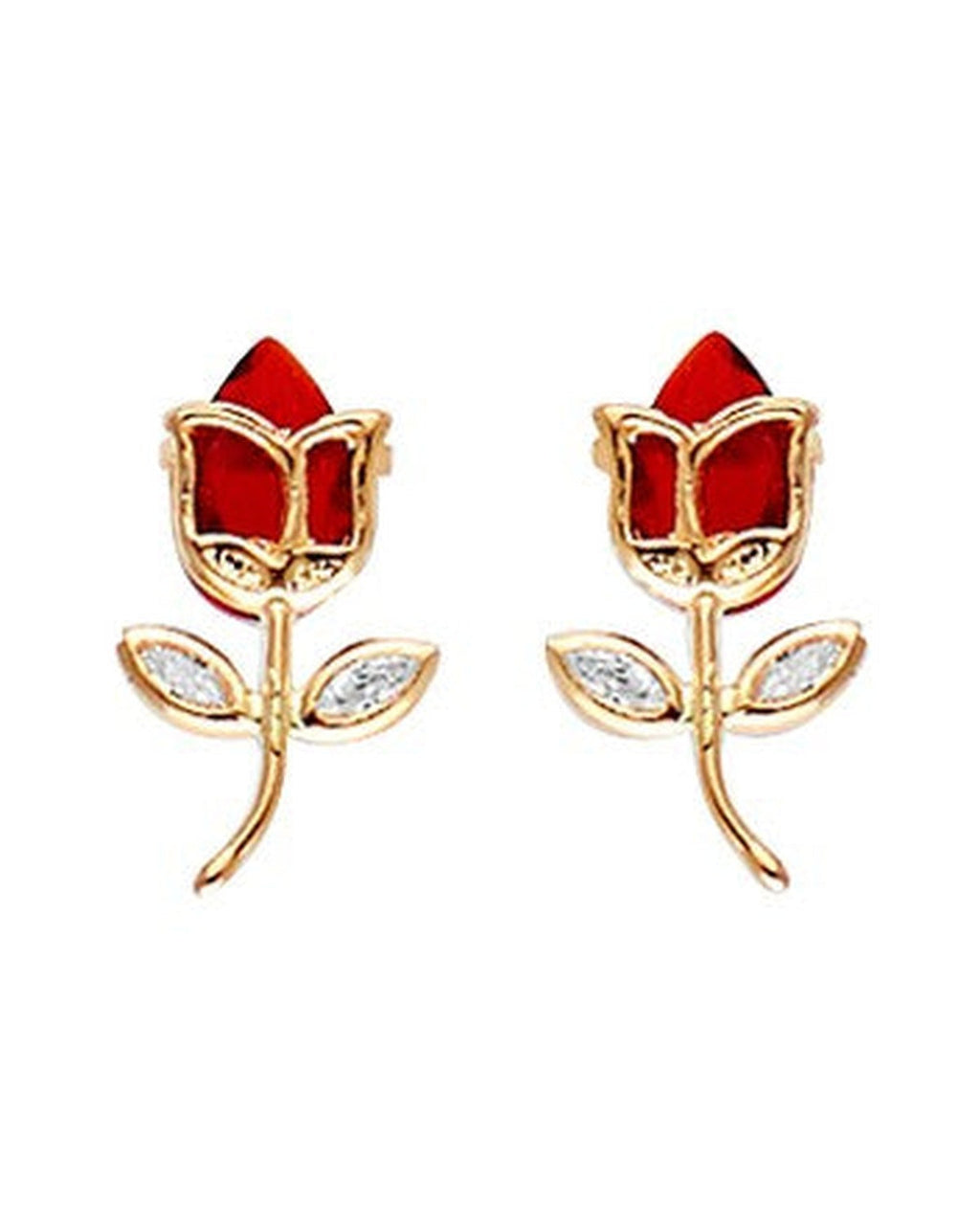 14K Yellow Gold CZ Red Tulip Earrings with Screw Back (ST-0810)