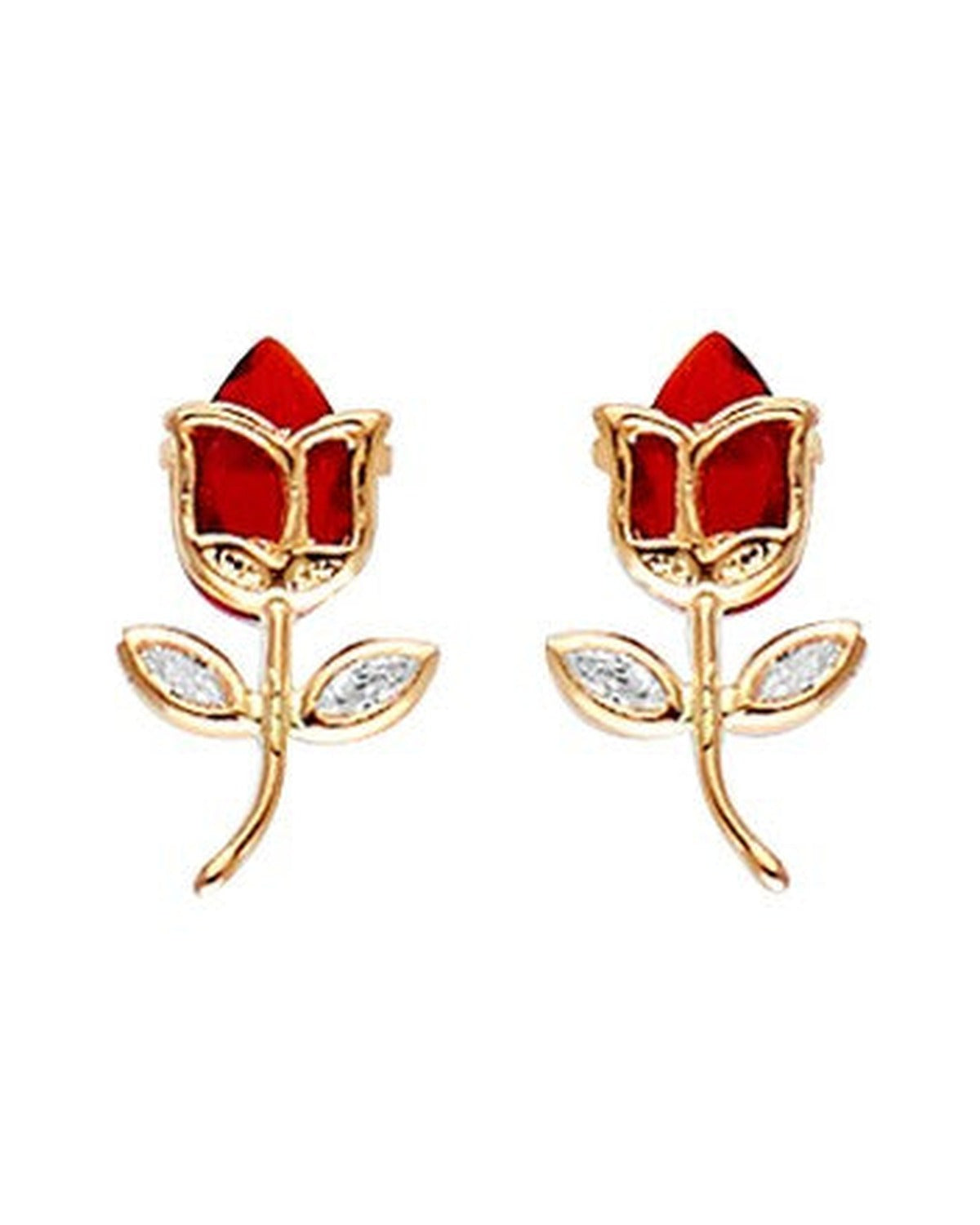 14K Yellow Gold CZ Red Tulip Earrings with Screw Back (ST-0810)