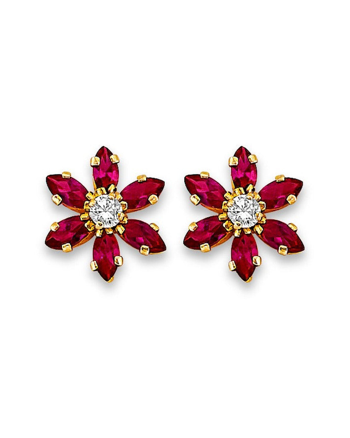 14K Yellow Gold Red Flower CZ Stud Earr with Screw Back (ST-0882)