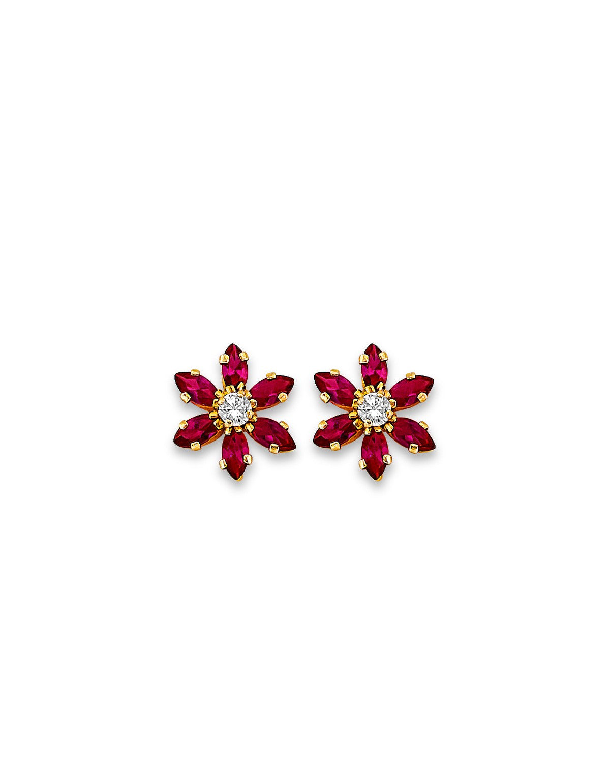 14K Yellow Gold Red Flower CZ Stud Earr with Screw Back (ST-0882)