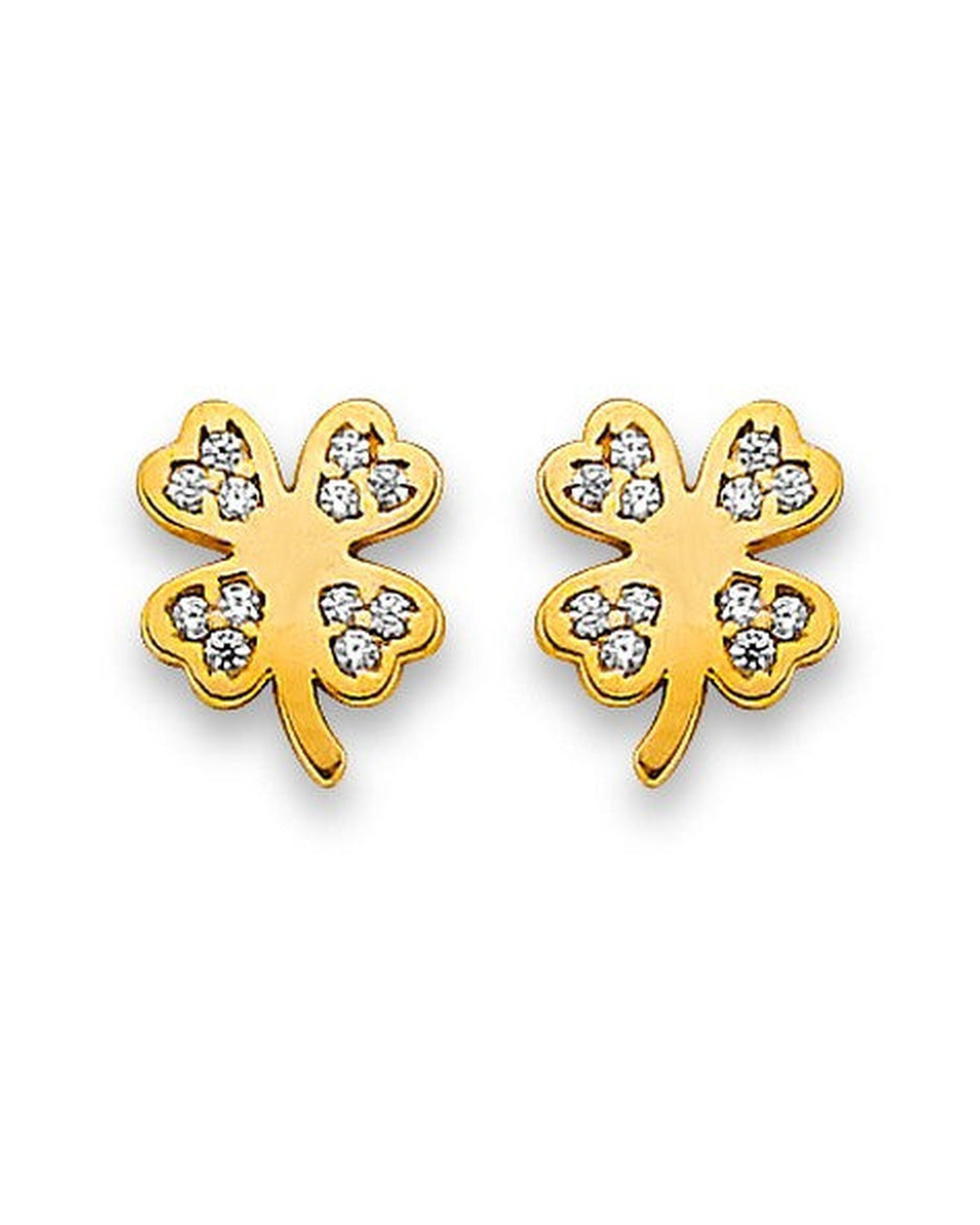14K Yellow Gold CLover CZ Stud Earrings with Screw Back (ST-0884)