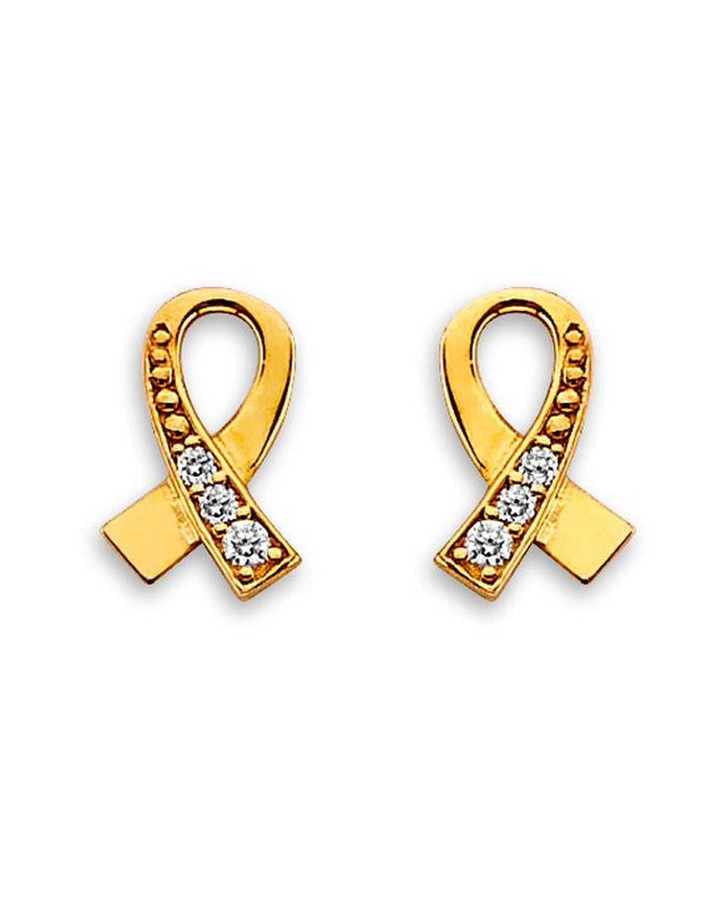 14K Yellow Gold Cancer Ribbon CZ Stud Earrings with Screw Back (ST-0896)