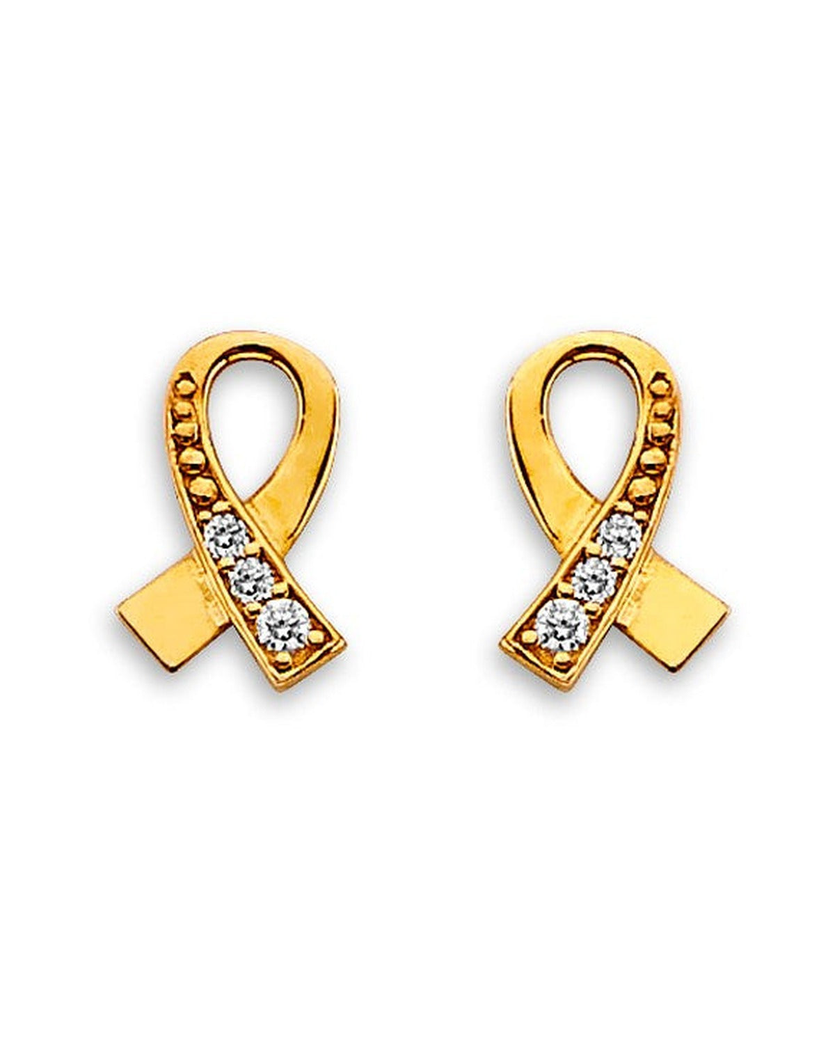 14K Yellow Gold Cancer Ribbon CZ Stud Earrings with Screw Back (ST-0896)