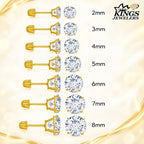 14K Yellow Gold Round CZ Stud Earrings size chart 2mm to 8mm