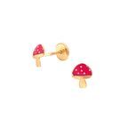 14K Yellow Gold Mushroom Enamel Screwback Earrings